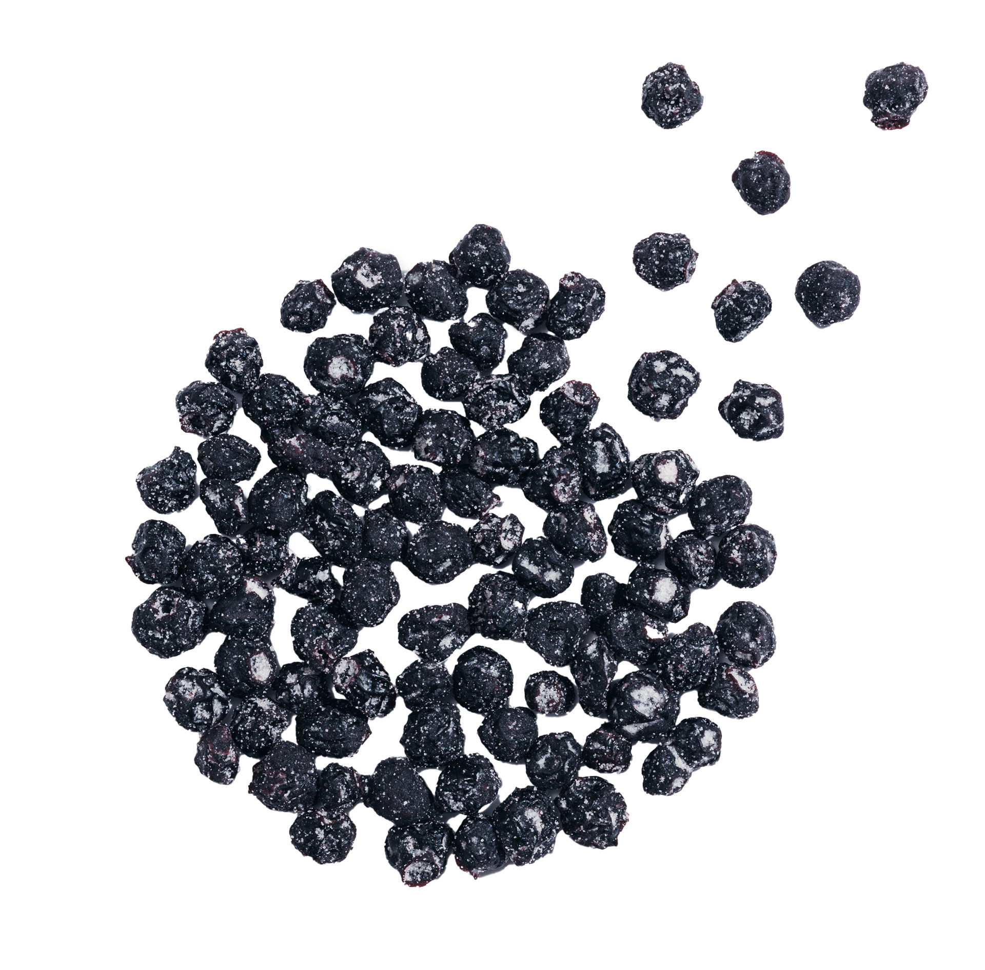 Dried wild blueberries sweetened and coated with rice flour